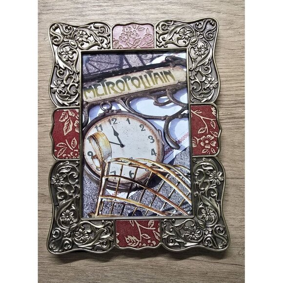 Vintage Ornate Floral Metal & Red Scroll Photo Frame 5.5"x3.5" - Picture 2 of 8